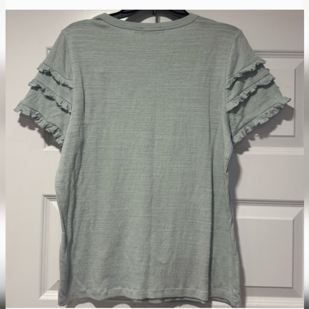 Sage Green Ruffle Sleeve Top – Soft Ribbed Summer Blouse Sz M C31 - Picture 5 of 5